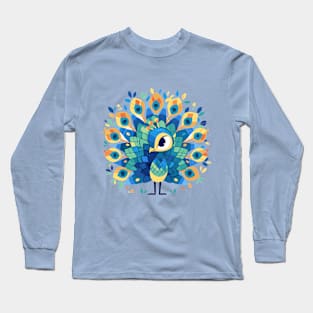 Geometrical Colorful Peacock, Adorable Kawaii Simple Mosaic Bird Long Sleeve T-Shirt